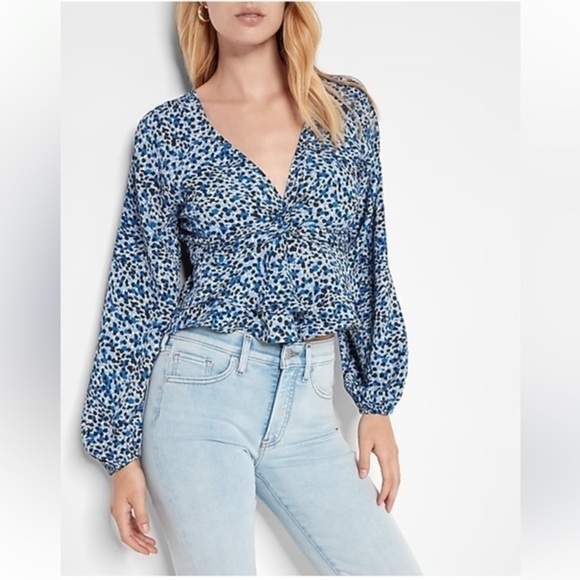 Express Leopard Print Twist Front Tiered Ruffle Peplum Top, Blue, Size XS - Picture 3 of 14